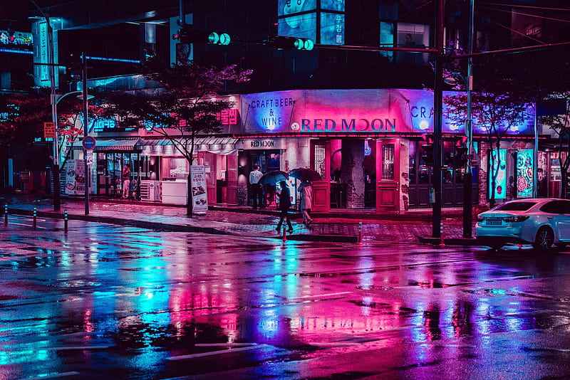 neon lights, urban, night, after rain, reflection, street, City, HD wallpaper