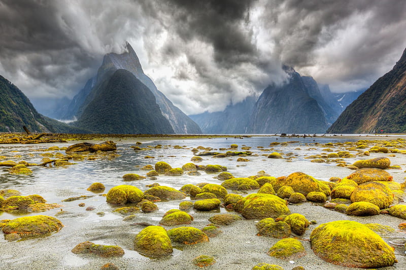 Fjordland National Park, New Zealand, rocks, stones, river, clouds, sky, Milford Sound, HD wallpaper