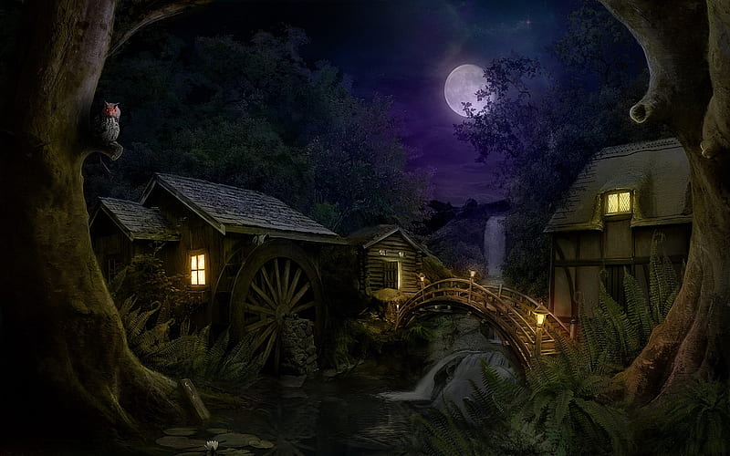 House in the Woods, fantasy, moon, house, woods, wheel, HD wallpaper