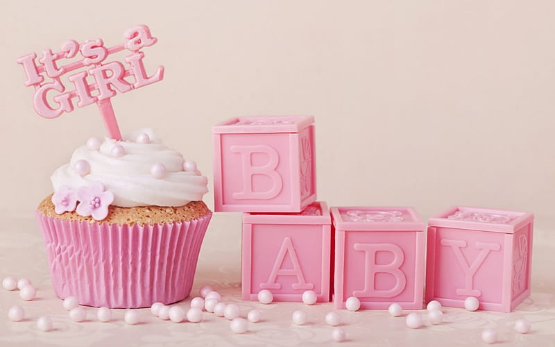 It's a girl!, food, sweet, dessert, card, cupcake, girl, white, pink, cream, HD wallpaper