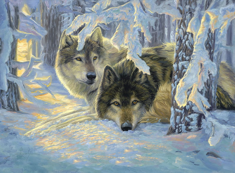 Deep Woods, forest, snow, painting, sunset, wolves, artwork, winter, HD wallpaper