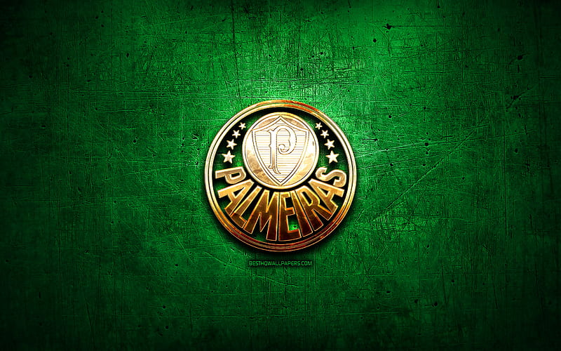 SE Palmeiras, golden logo, Brazilian Seria A, green metal background, soccer, brazilian football club, Palmeiras logo, football, Palmeiras FC, Brazil, HD wallpaper