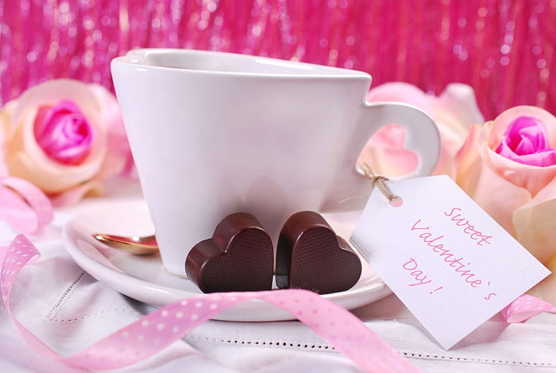 cup, flowers, pink, chocolate, HD wallpaper