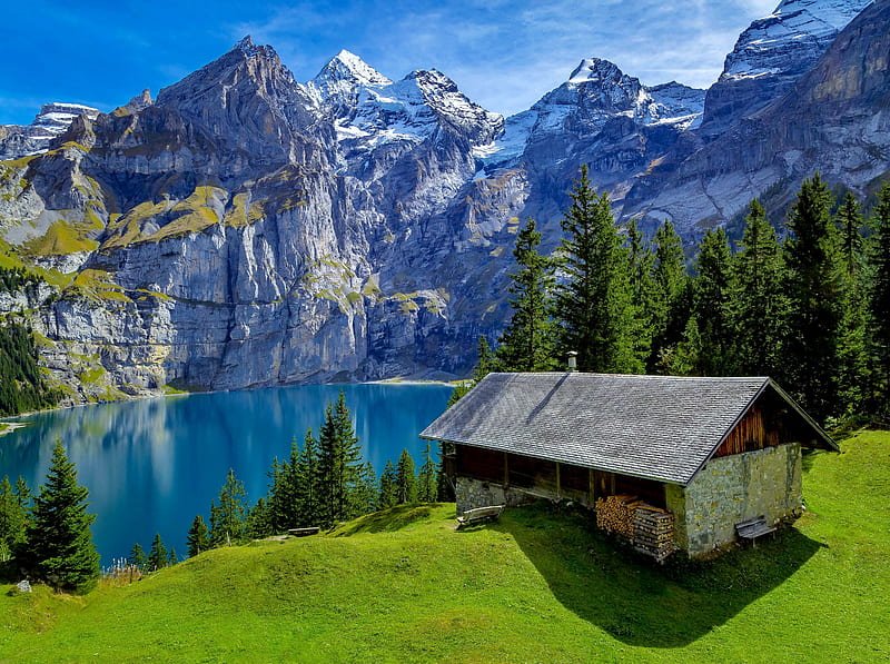 Swiss nature, rocks, hills, house, view, grass, bonito, Switzerland, lake, mountain, serenity, cliffs, swiss, summer, reflection, HD wallpaper