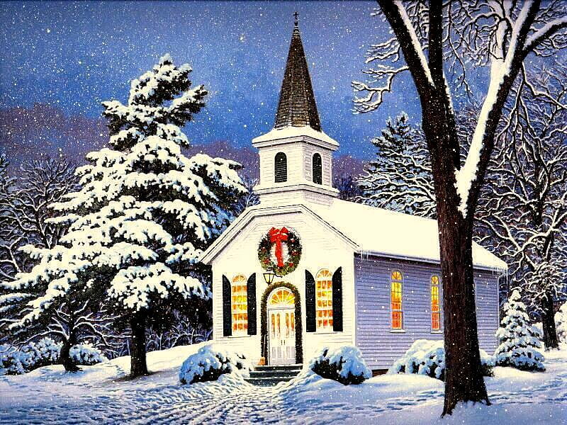 Country Church, wreath, holidays, steeple, christmas, snow, church, trees, winter, HD wallpaper