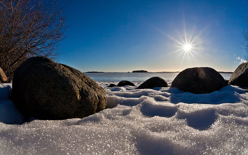 Sea beach rocks snow light-Scenery High Quality, HD wallpaper