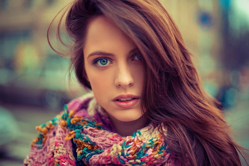 Sweater, stunning, look, lips, hair, color, blue eyes, eyes, blue, HD wallpaper