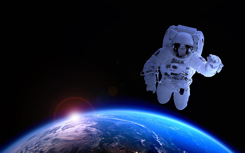 astronaut in space, galaxy, sparks, sci-fi, universe, Earth from space, flying astronaut, HD wallpaper