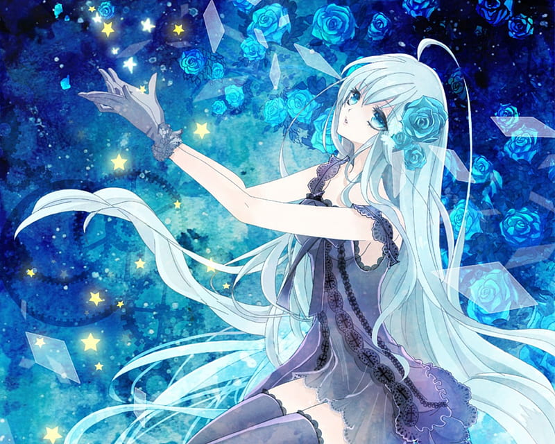 Reaching for ..., pretty, dress, rose, bonito, magic, blue rose, floral, sweet, blossom, nice, fantasy, anime, beauty, anime girl, long hair, gorgeous, blue, female, lovely, gown, girl, blue hair, magical, flower, awesome, aqua hair, great, lady, maiden, HD wallpaper