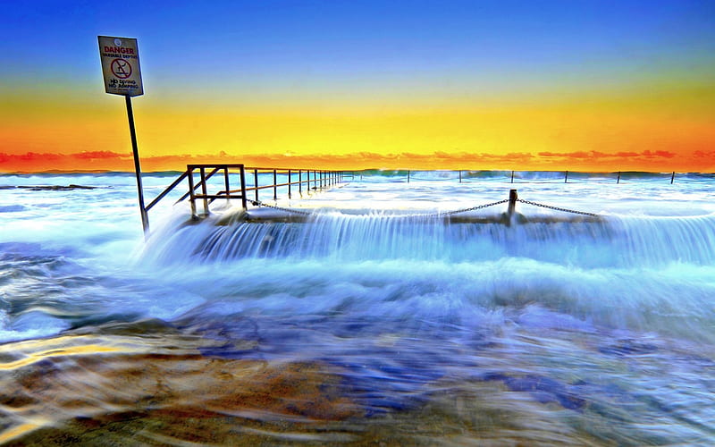 HIGH TIDE, fence, board, overflow, tide, danger zone, signboard, sea, HD wallpaper