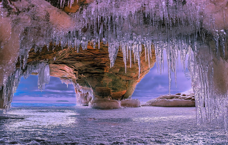 Chandelier in the middle of the sea, rock formation, winter, stalactites, sea, HD wallpaper