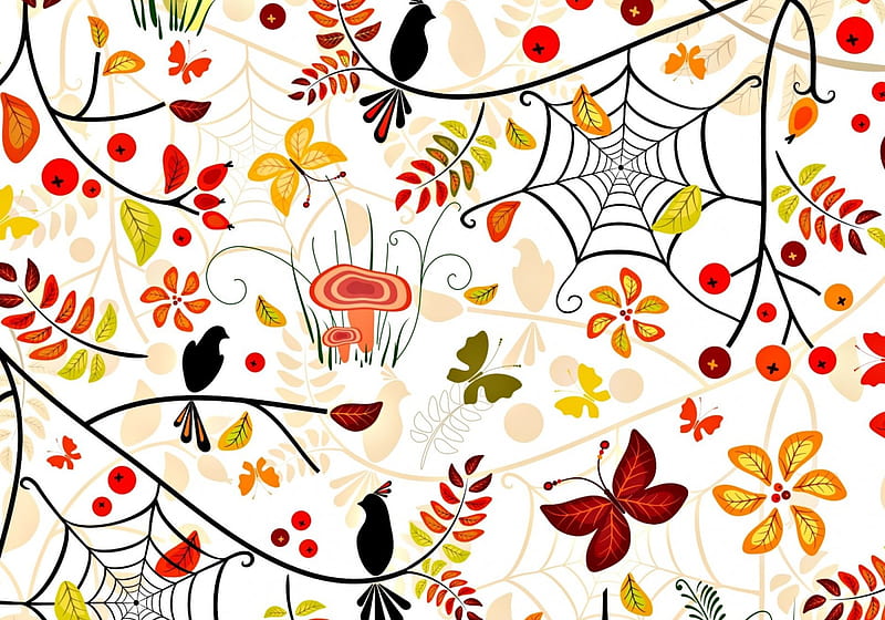 Texture, pattern, red, orange, mushroom, black, yellow, spider, branch, leaf, butterfly, bird, web, flower, paper, white, HD wallpaper
