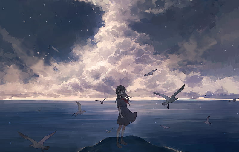Anime, Original, Bird, Cloud, Long Hair, School Uniform, Sea, HD wallpaper