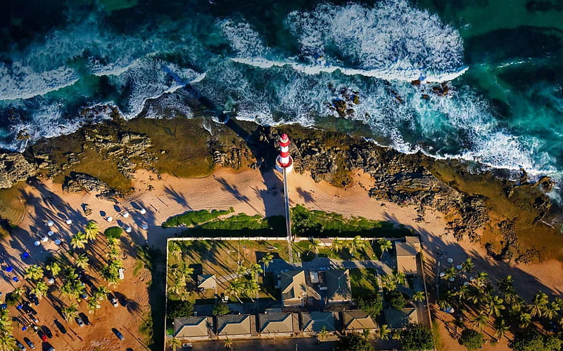 sea, waves, lighthouse, beach, coast, Bahia, Salvador, Brazil, HD wallpaper