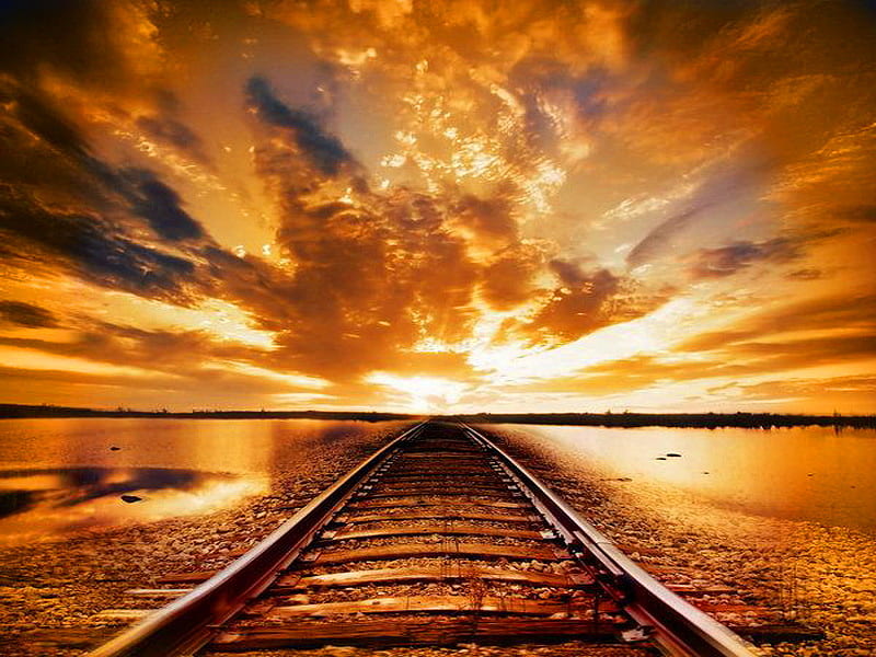 New Day, New Year, New Journeys, railway tracks, gold, reflections, clouds, sky, HD wallpaper