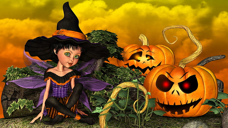 Pixie Witch, fantasy, holiday, pumpkin, halloween, cartoon, fairy, witch, jack o lantern, pixie, pumpkin patch, HD wallpaper