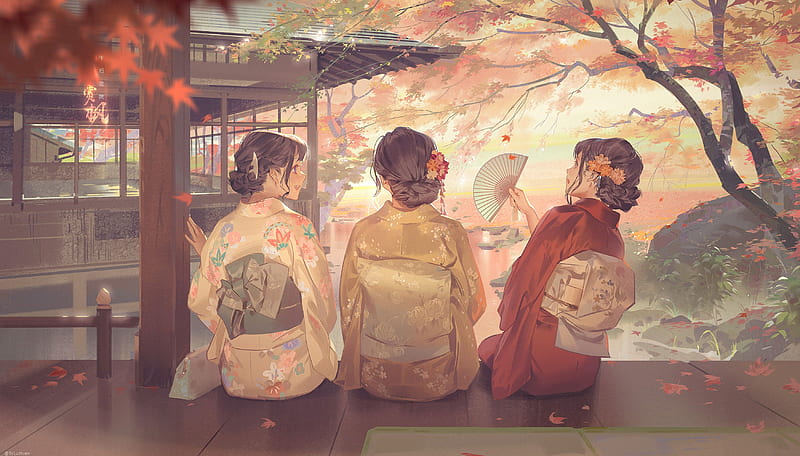 kimono, cute anime girls, autumn, festival, water, brown hair, Anime, HD wallpaper