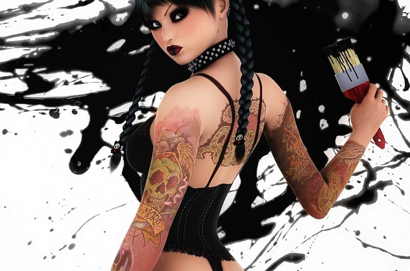 The gothic girl, tattoos, arms paint, earings, black, wall, brush, hair, girl, gothic body, dark, digital, HD wallpaper