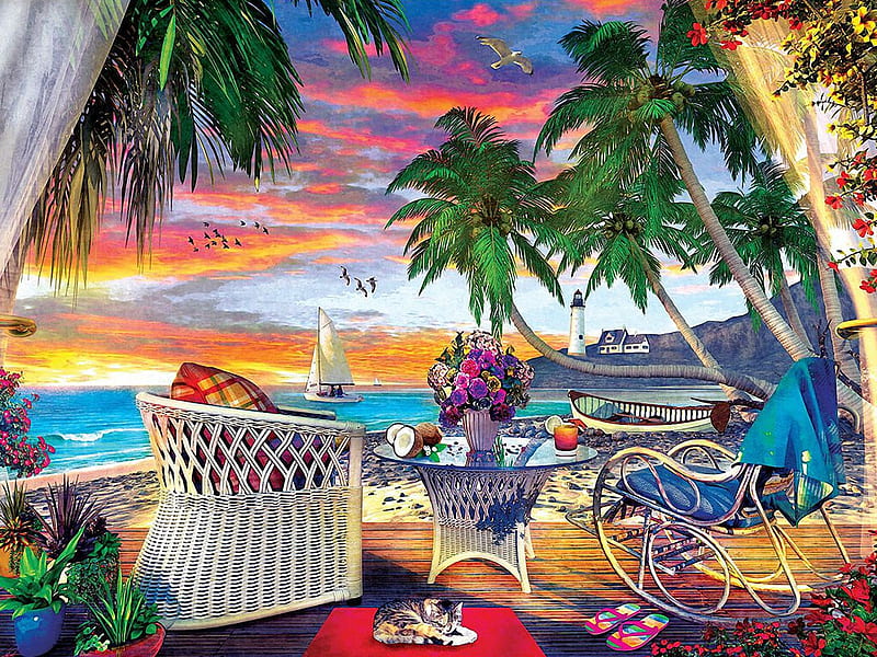 Paradise Beach - Paradise Breeze, sea, palm trees, table, birds, sunset, clouds, sky, cat, artwork, lighthouse, digital, chairs, flowers, HD wallpaper
