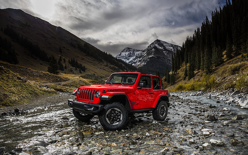 Jeep Wrangler Rubicon, 2018, red SUV, new cars, mountain river, off-road, USA, mountains, Jeep, HD wallpaper