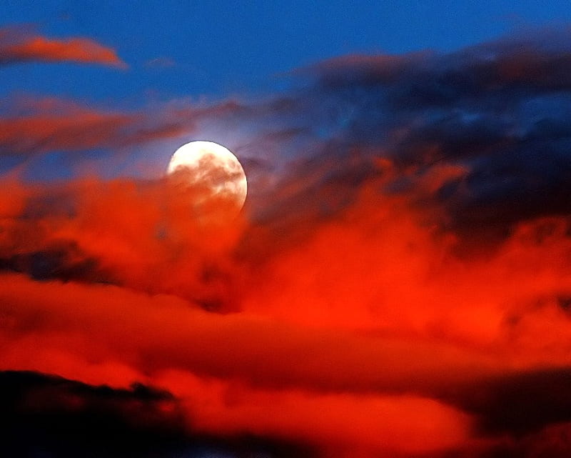 Red sky moon, red, moon, clouds, blue, night, light, HD wallpaper