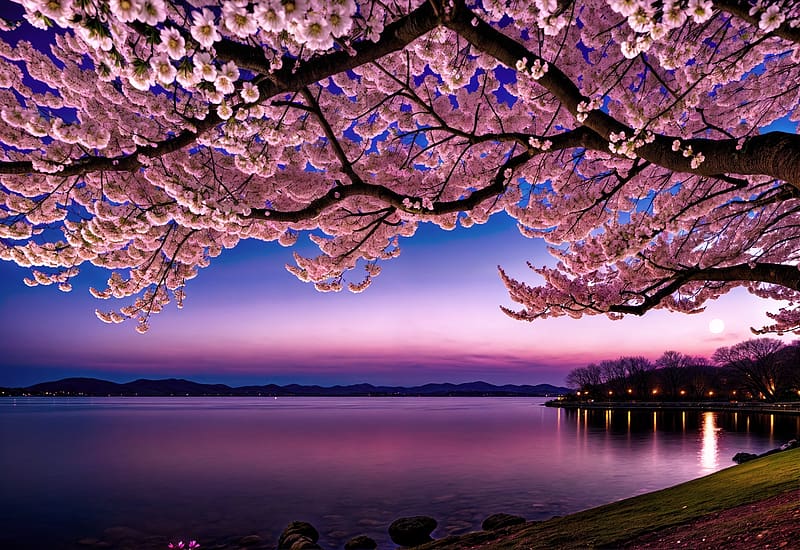 Cherry blossoms at sunset, branches, blossoms, water, cherry, springtime, tranquil, spring, reflection, flowering, blooming, tree, river, lights, serenity, lake, HD wallpaper