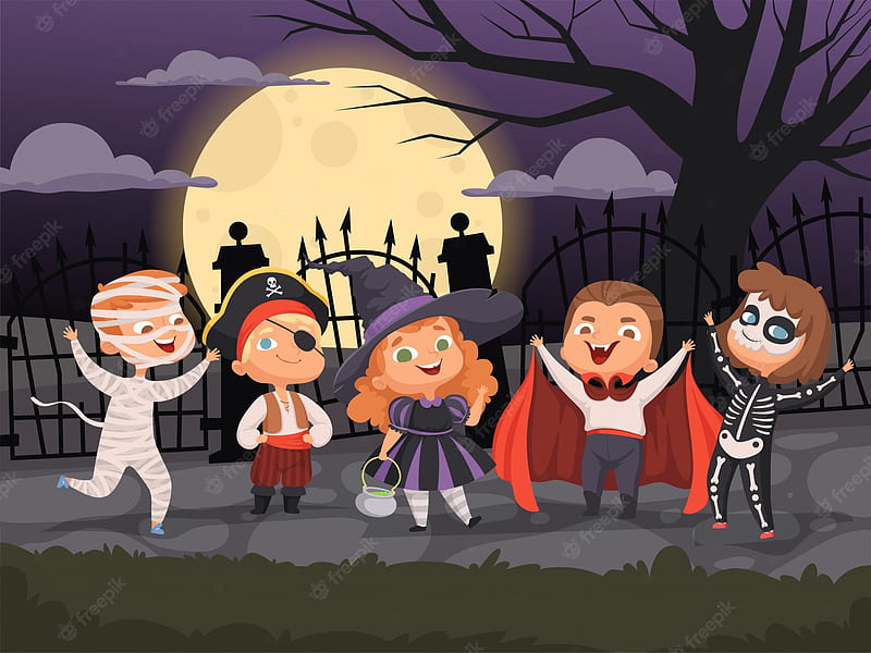  Vector premium de halloween niños jugando con disfraces aterradores para la fiesta de terror del diablo de halloween colección de personajes de brujas zombis fantasmas, Fondo de pantalla HD