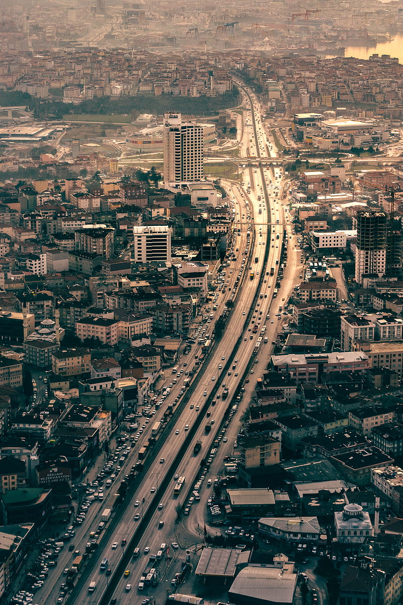 city, aerial view, buildings, road, carros, HD phone wallpaper