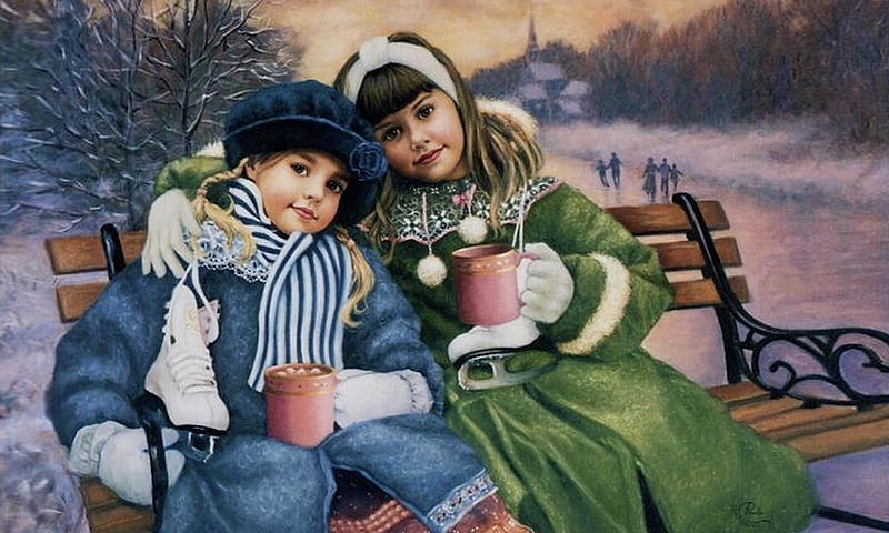 Winter Skating and Hot Cocoa, Love, Hot chocolate, bench, children, sisters, fun, winter, memories, ice skating, girls, sweetness, vintage, HD wallpaper