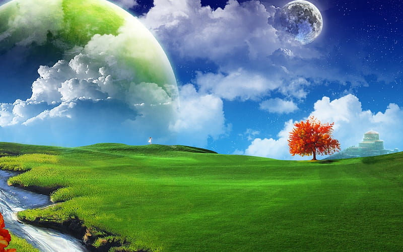 Loveable Nature01, a tree, a grassy ground, sky, lake, HD wallpaper