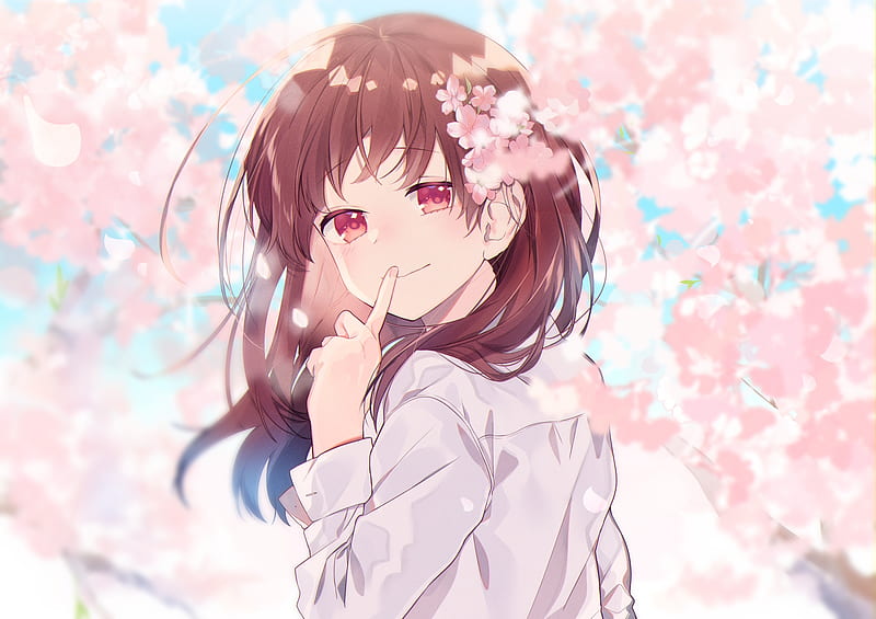 sakura blosson, shh, smiling, cute, moe, brown hair, petals, Anime, HD wallpaper