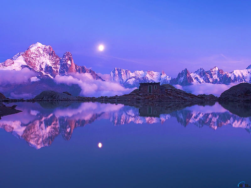 House in the Alps, Chamonix, France, moon, mountains, nature, reflection, clouds, alps, lake, chamonix, HD wallpaper