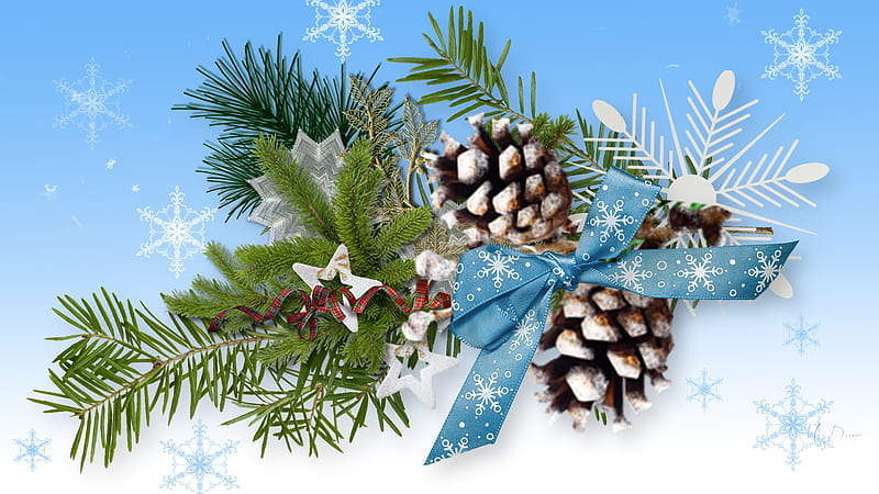 Cones Snowflakes & Blue, snow, Feliz Navidad, pine, fir, ribbons, blue, Christmas, stars, pine cones, snowflakes, HD wallpaper