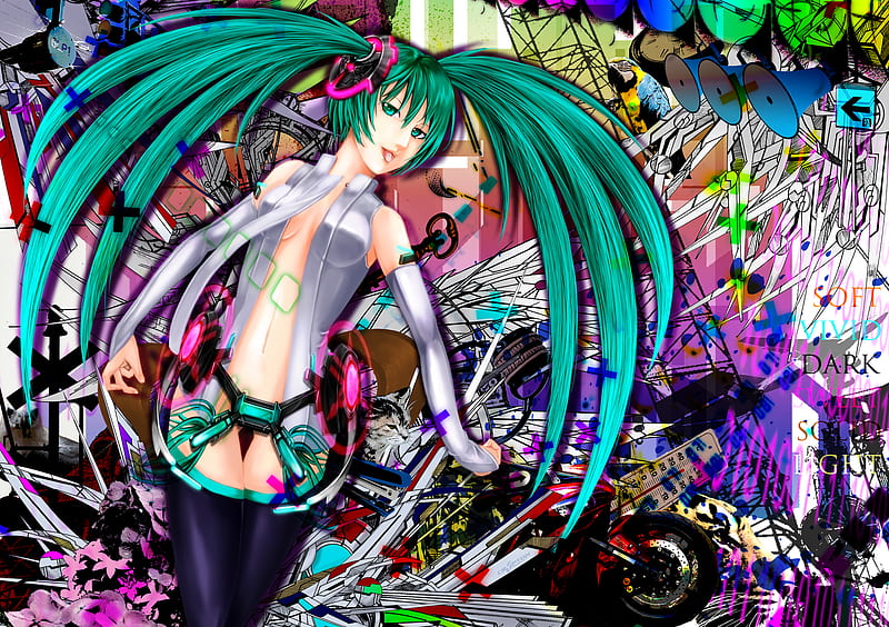 Hatsune Miku, pretty, cg, thigh highs, nice, anime, aqua, beauty, anime girl, vocaloids, art, twintail, hatsune miku append, black, miku, miku append, singer, sexy, abstract, aqua eyes, cute, headset, hatsune, cool, purple, digital, awesome, white, idol, artistic, colorful, headphones, bonito, thighhighs, program, twin tail, painting, hot, pink, blue, vocaloid, outfit, music, diva, microphone, leggings, song, girl, stockings, uniform, virtual, aqua hair, append, HD wallpaper