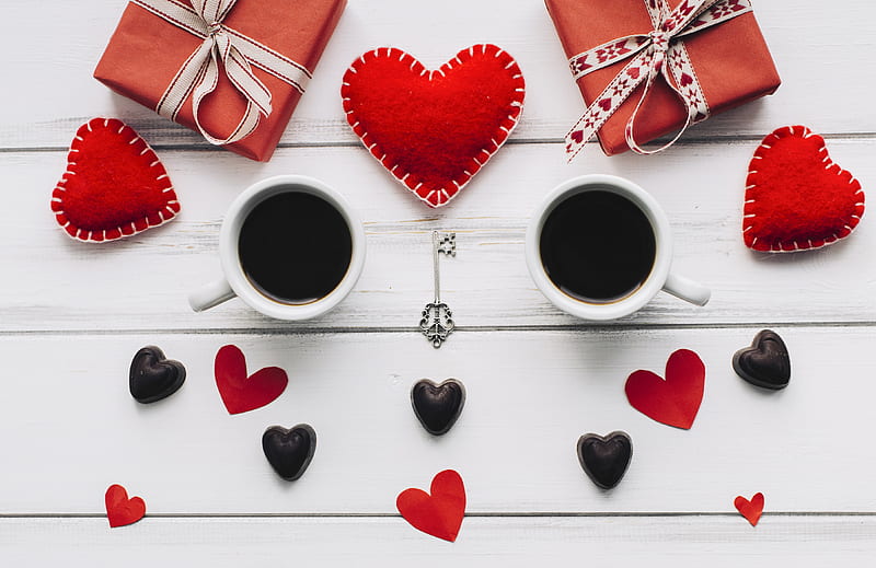 Holiday, Valentine's Day, Coffee, Gift, Heart, Love, Still Life, HD wallpaper