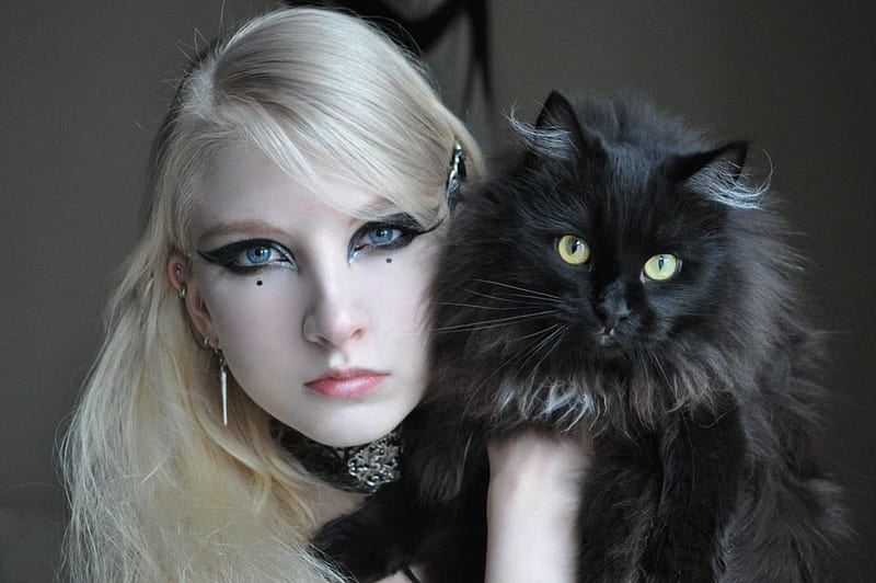 Cats, maria amanda, girl, gothic, black, blonde, cat, woman, HD wallpaper