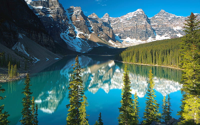 Moraine Lake, summer, Banff National Park, blue lake, North America, mountains, Canada, HD wallpaper