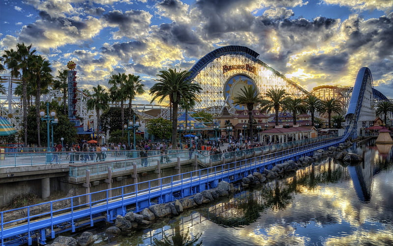 Paradise Pier, Disneyland, California, water, usa, rollercoaster, r, reflection, trees, clouds, HD wallpaper
