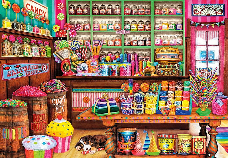 Sweet place, candy, colorful, art, sleep, luminos, shopp, place, sweet, cupcake, painting, pictura, pink, puppy, HD wallpaper
