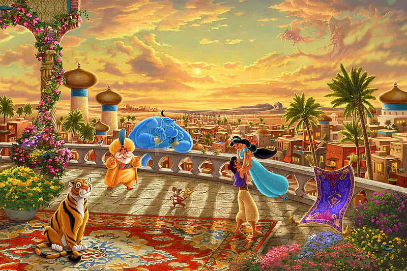Jasmine – Dancing In The Desert Sunset, flowers, orient, city, tiger, painting, HD wallpaper