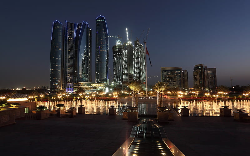 Abu Dhabi, skyscrapers, night, modern architecture, UAE, United Arab Emirates, HD wallpaper