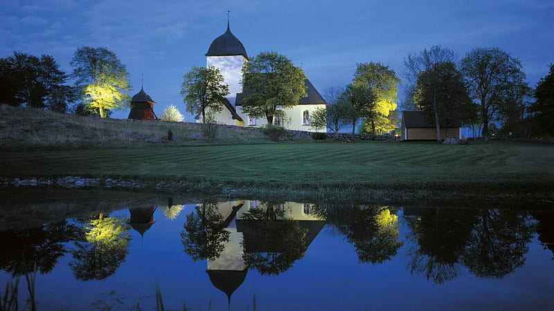 beautiful country church in sweden, pond, dusk, church, trees, lights, HD wallpaper