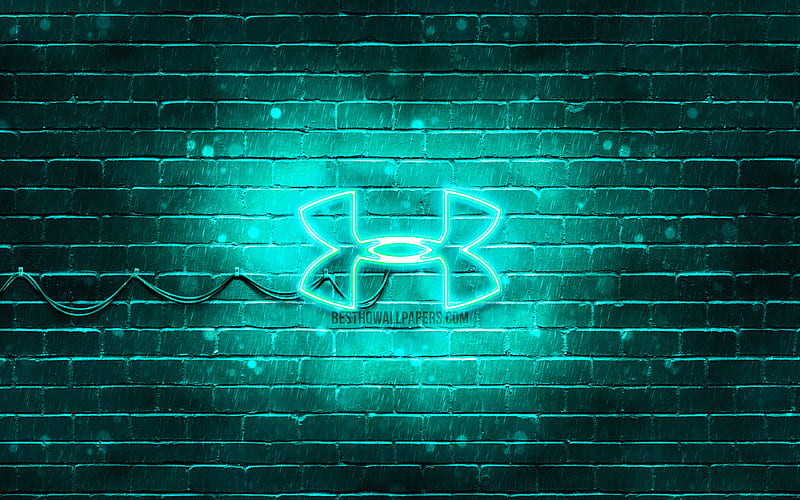 Under Armour turquoise logo turquoise brickwall, Under Armour logo, sports brands, Under Armour neon logo, Under Armour, HD wallpaper