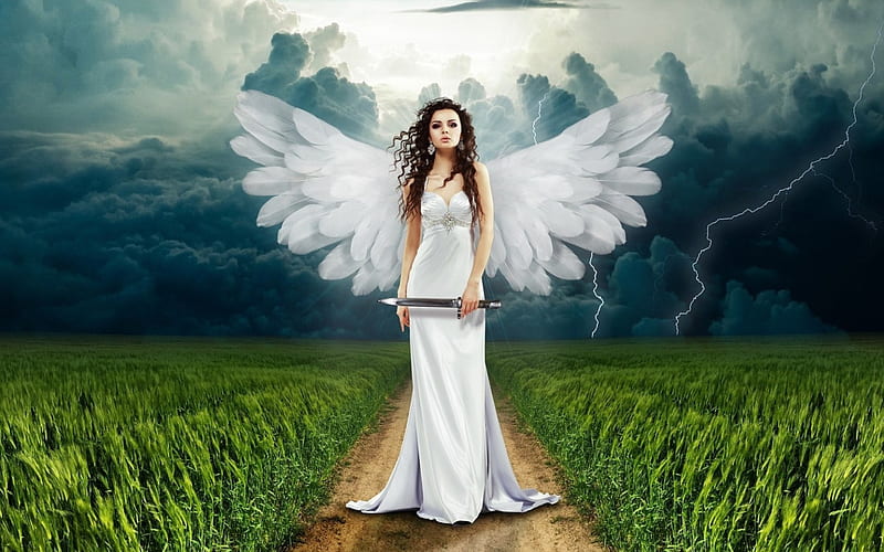 ANGEL, dress, white, clouds, meadow, HD wallpaper | Peakpx