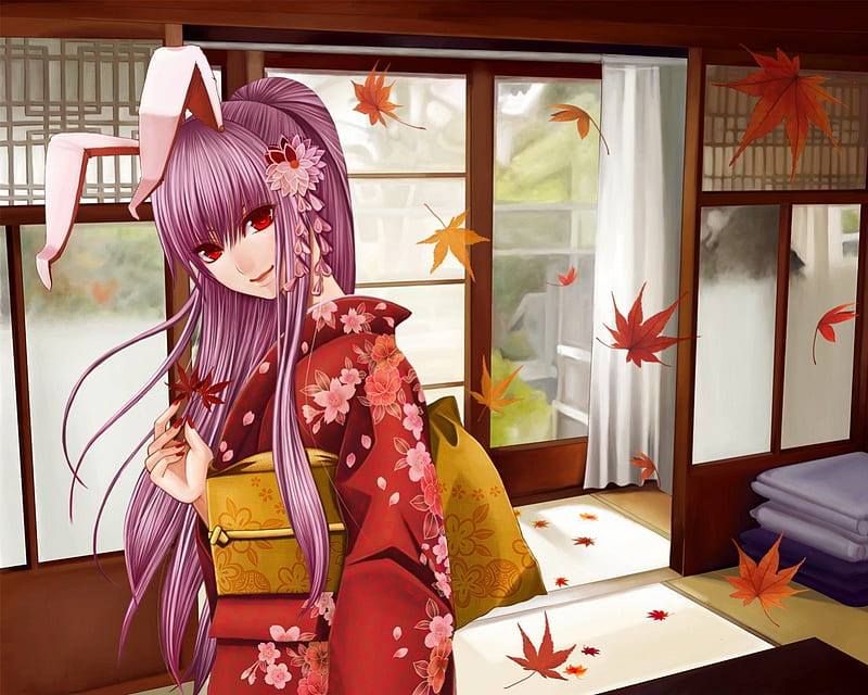 Reisen Udongein Inaba, pretty, house, breeze, maples, bonito, lonh hair, elegant, indy, sweet, leaves, nice, japan, anime, yukata, touhou, hot, beauty, anime girl, room, gorgeous, female, lovely, japanese, wind, kimono, sexy, cute, girl, windy, pink hair, red eyes, HD wallpaper