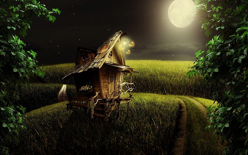 *Little wood house in the moonlight*, forest, house, little, fantasy land, hq, faryland, fantasy, moonlight, wood, HD wallpaper