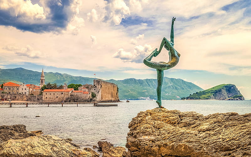 Budva, Dancer Sculpture, Budva ballerina statue, Gymnast Statue, evening, sunset, Adriatic sea, coast, resorts of Croatia, seascape, Croatia, HD wallpaper