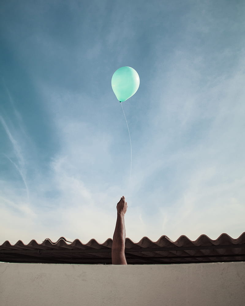 air balloon, hand, roof, sky, clouds, HD phone wallpaper
