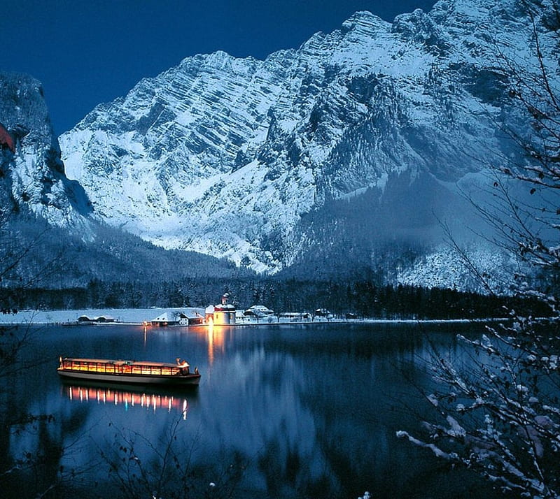 Winter Landscape, lake, mountain, nature, night, snow, HD wallpaper