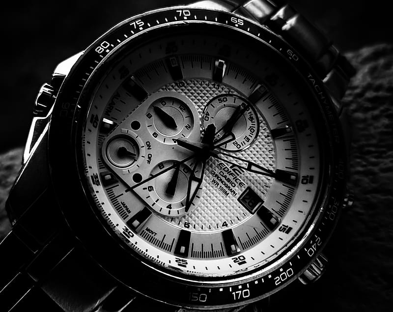 Casio Edifice, black, black and white, chronograph, citizen, dark, time, watch, watches, HD wallpaper